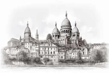 Obraz premium Detailed sketch of Sacré Cœur Basilica with surrounding buildings in Montmartre, Paris