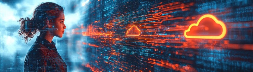 Business Worker Engaging with Multicloud Technology Digital Workspace Virtual Environment Futuristic Viewpoint