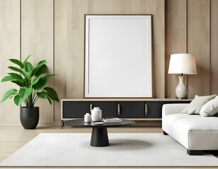Fototapeta premium A modern living room featuring a large blank frame on the wall, a green potted plant to the left, and a low black coffee table in front of a light-colored sectional sofa. 