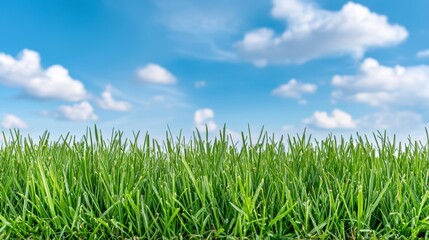 Lush green grass under a clear blue sky with fluffy clouds in the background during a sunny day
