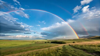Naklejka premium Vibrant Rainbow Over Lush Green Landscape Under Blue Sky