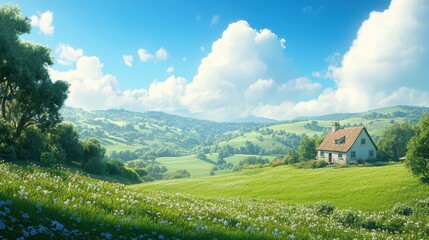 Fototapeta premium Scenic Countryside Landscape with Rolling Green Hills, Lush Fields, and a Charming Cottage Against a Bright Blue Sky