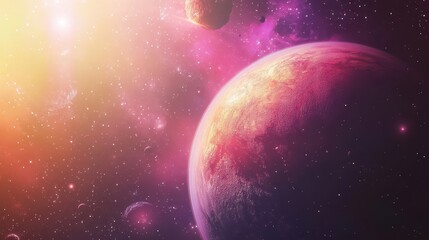 Fototapeta premium Vibrant and Colorful Sci-Fi Space Scene Featuring Planets and Asteroids in an Ethereal Cosmic Environment