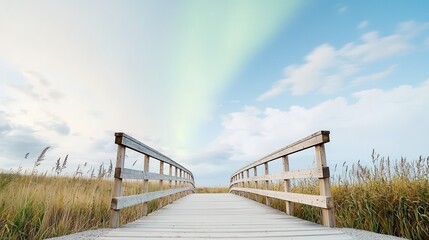 Fototapeta premium A spectacular aurora borealis display of colors . A serene wooden bridge leading into a bright, cloudy sky.