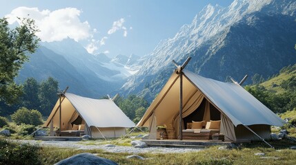 Mountain glamping tents, scenic valley sunrise