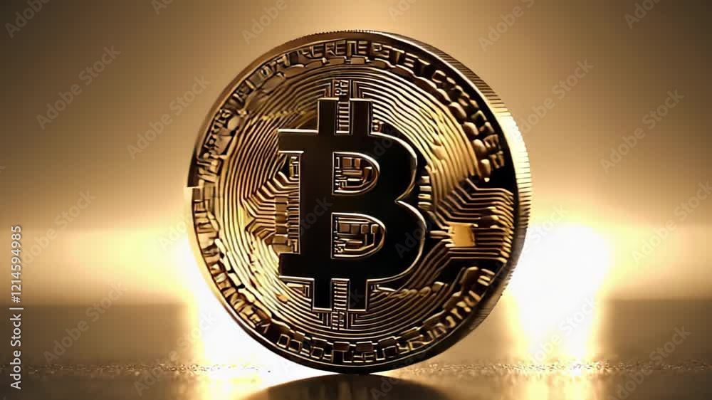 Poster golden bitcoin rotating on a reflective surface with warm background lighting, creating a dramatic a
