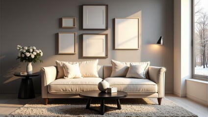 Cream-hued, cozy two-seater sofa set against a sleek gray wall with a chic round black coffee table adorned by an elegant gray vase centerpiece