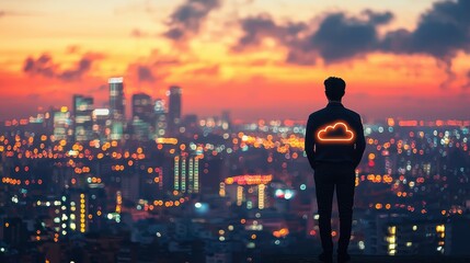 Fototapeta premium Business Worker Navigating Cloud Technology Overlooking Cityscape at Sunset