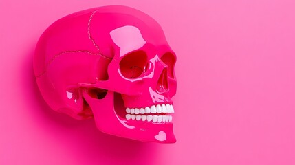 Pink Skull on Pink: A vibrant pink skull model stands out against a bold pink background, creating a striking contrast and surreal aesthetic. The image offers a unique juxtaposition of life and death.
