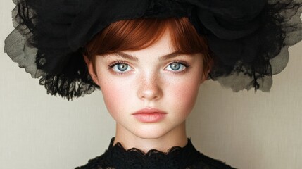 Innocence Unveiled: A young girl with captivating blue eyes gazes directly at the camera, adorned in delicate black lace, exuding a sense of timeless elegance and captivating innocence. 