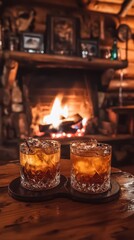 Two Drinks Near A Cozy Fireplace Setting
