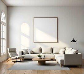 A modern living room featuring a light-colored sofa and an armchair. There is a round coffee table in the center with a small plant and decorative items. 
