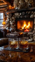 Two Glasses Of Whiskey Near A Cozy Fireplace