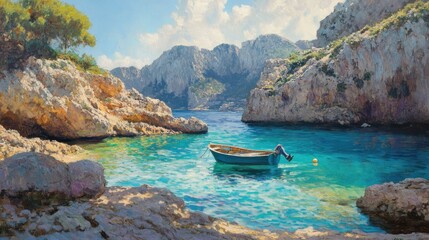 Secluded cove boat, tranquil turquoise water, rocky cliffs, sunny day, travel poster