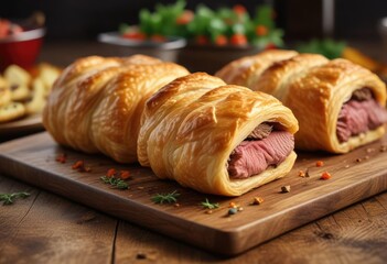 Beef filet wrapped in puff pastry with golden brown crust , roasted beef, asparagus