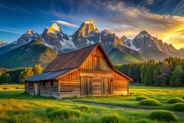 Obraz premium Rustic Mountain Barn Stock Photo: Idyllic Rural Scene in Majestic Peaks