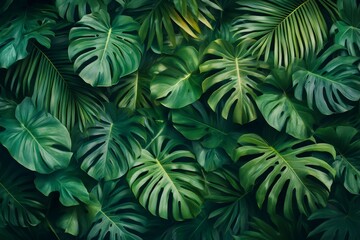 Obraz premium Dark green tropical leaves creating a vibrant backdrop