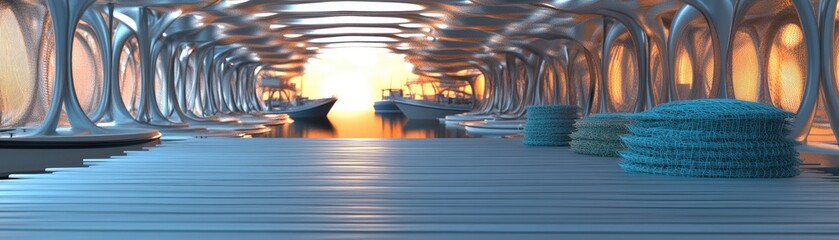Naklejka premium Futuristic harbor sunset; boats dock; abstract architecture; design concept