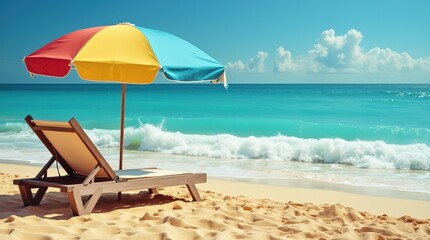 Tranquil Caribbean beach with colorful umbrella and empty lounge chairs