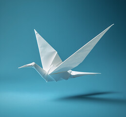 Abstract white dove flying, paper craft style, blue background