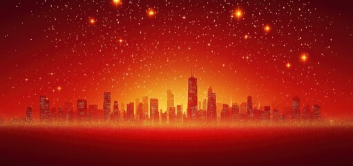 A stylized cityscape silhouette in deep red and orange, under a starry sky background, with golden lights