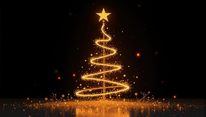 A dazzling, eye-level view of a sparkling yellow Christmas tree at center stage, its vibrant reflections gleaming on the surrounding reflective surface, casting an enchanting glow