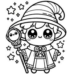 Adorable cartoon mage with a large wizard hat and staff, great for fantasy designs and kid-friendly art projects.