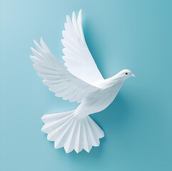 Obraz premium Abstract white dove flying, paper craft style, blue background