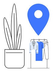 Large potted plant next to a clothing rack displaying shirts, highlighted by a large blue location pin. Ideal for workspace, clothing shop, fashion, home decor, navigation, minimalism