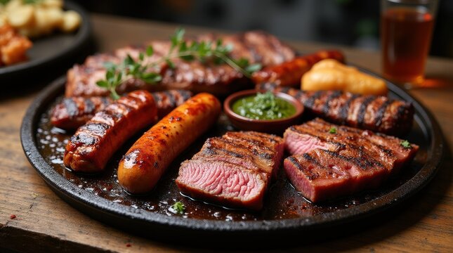 Sizzling platter of Argentine asado barbecue with assorted meats and sausages