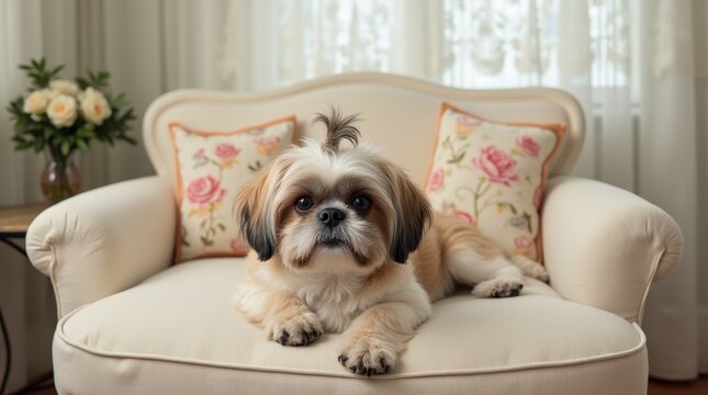 Stylish shih tzu relaxing on cream loveseat with floral cushions indoors