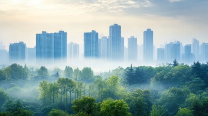 Fototapeta premium Urban Skyline with Natural Green Spaces Under Overcast Skies