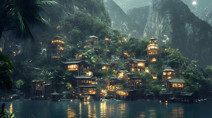 Obraz premium Enchanting Night Village Lush Jungle Mountain Lake