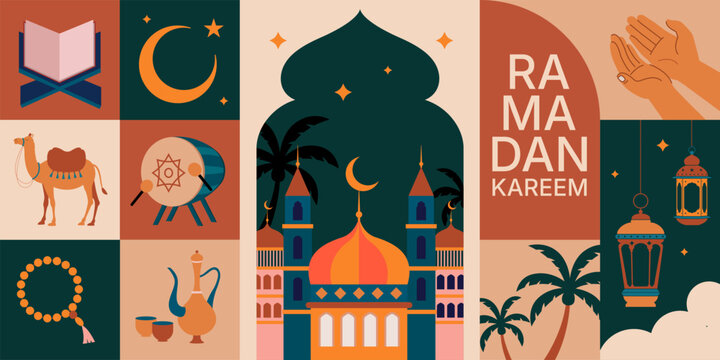 2d vector Ramadan Kareem, geometric background and wallpaper design, Ramanda Kareem illustration, greeting card template
