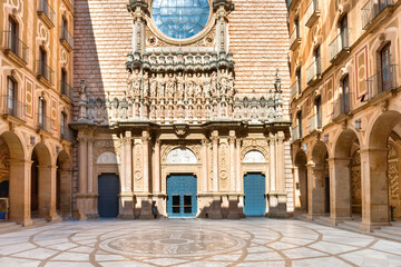 Interior of famous landmark Montserrat Benedictine monastery with no people. Place near Barcelona,...