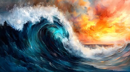 Fototapeta premium Ocean Wave Sunset Seascape Abstract Painting Art