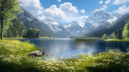 Fototapeta premium Alpine Lake Mountain Scenery Wildflowers Summer Landscape