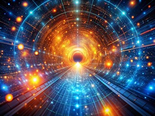 Obraz premium Abstract Blue Orange Glowing Tunnel Space Background - Futuristic Data Transfer Concept