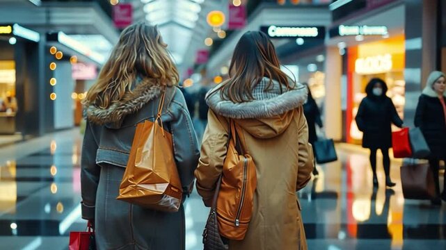 Two stylish women stroll through a busy shopping mall, each carrying colorful shopping bags. The bright lights and vibrant storefronts create a lively ambiance.