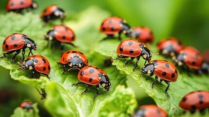 Obraz premium Group of ladybugs gathered on vibrant green leaves