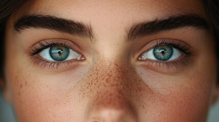 Obraz premium Close-up of Captivating Green Eyes: A mesmerizing close-up captures a young person's captivating green eyes, adorned with delicate freckles and defined eyebrows.