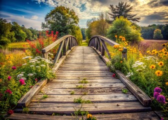 Obraz premium Rustic Wooden Bridge Country Road Black and White Vintage Stock Photo