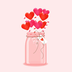 jar with candy. heart shaped candy.