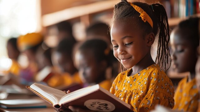 Smiling African students reading books in a classroom setting