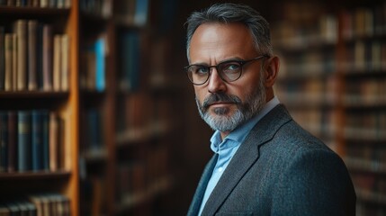 Obraz premium A professional man in a classic library setting, showcasing expertise and academic depth. Suitable for educational, corporate, or biographical contexts.