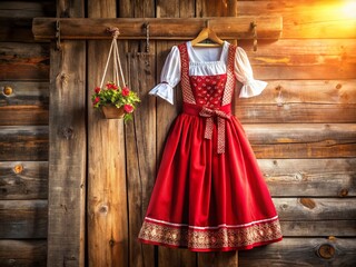 Rustic Wooden Hanger, Deep Red Dirndl Dress with Floral Apron and Puffed Sleeves