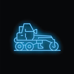 Blue neon sign representing a road roller working at night, a symbol for road construction and maintenance