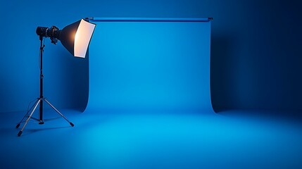 Blue photo studio with a blue backdrop, an empty floor, soft light from the right side of the room, and a light bulb in the top left corner