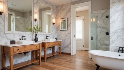 Elegant bathroom featuring white and gray marble walls, paired with sleek wooden vanities and white marble tops. Modern black faucets accompany elegant white sinks, while a stylish black vase cradles 