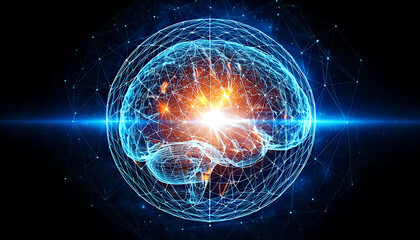 Stunning abstract image of a brain within a glowing network sphere.  Perfect for illustrating AI, technology, neural networks, data, connectivity, or the human mind.